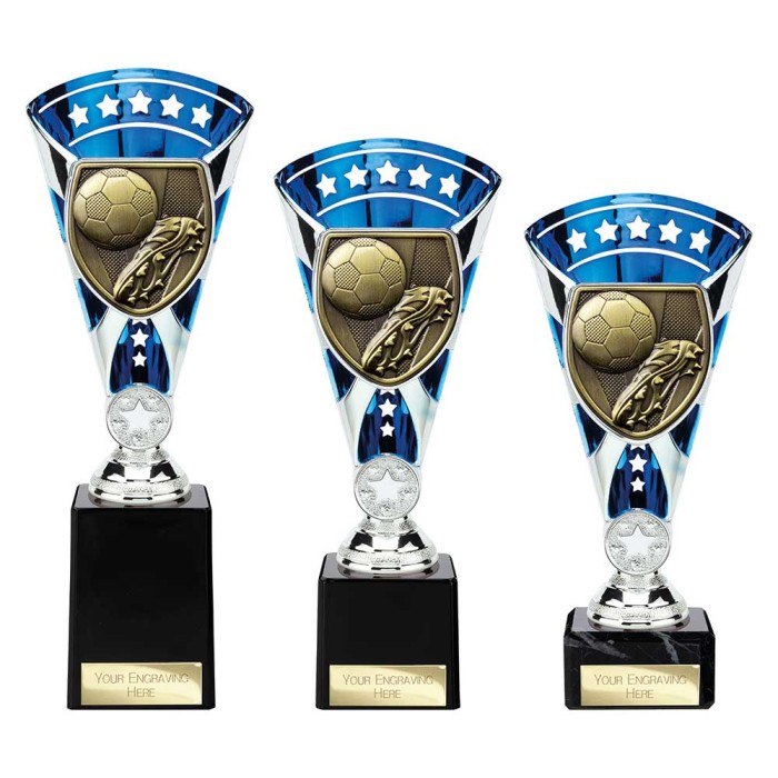 COBRA STAR CUP FOOTBALL BOOT & BALL - BLUE & SILVER  - AVAILABLE IN 3 SIZES (21CM - 25.5CM)